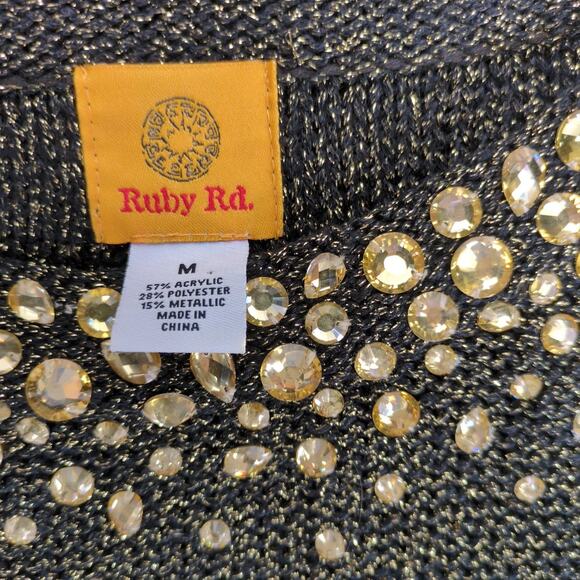 Ruby Rd Metallic Gold Rhinestone Black Top Women's M 3/4 Sleeve Glam Party Fairy - Picture 4 of 10